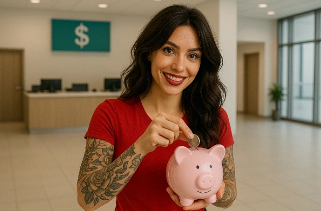 Smiling woman with tattoos puts coin into pink piggy bank indoors.