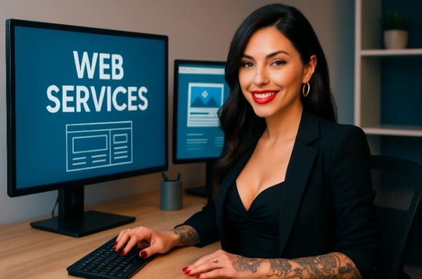 Smiling woman working on web services at her computer.
