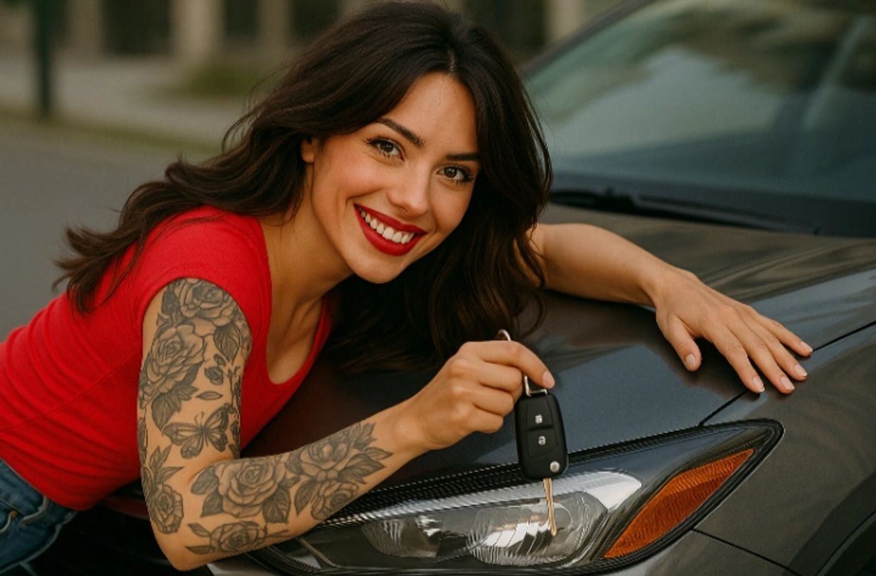 Smiling woman with tattoos holding car keys by a car headlight.
