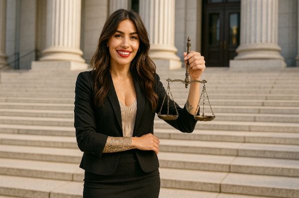 Confident woman in business attire holding justice scales outside courthouse.