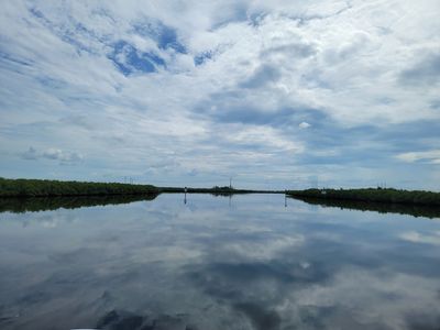Calm water reflecting cloudy sky with greenery on both sides.