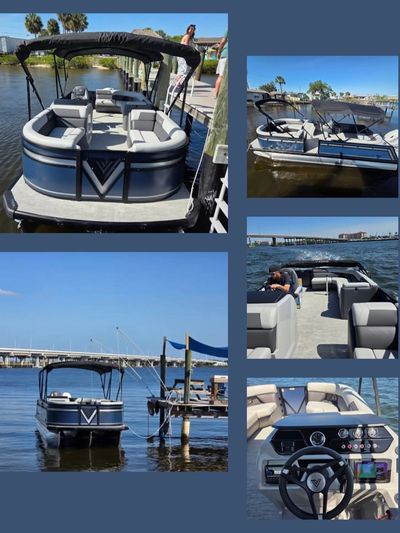 Various angles of a pontoon boat docked and on the water.