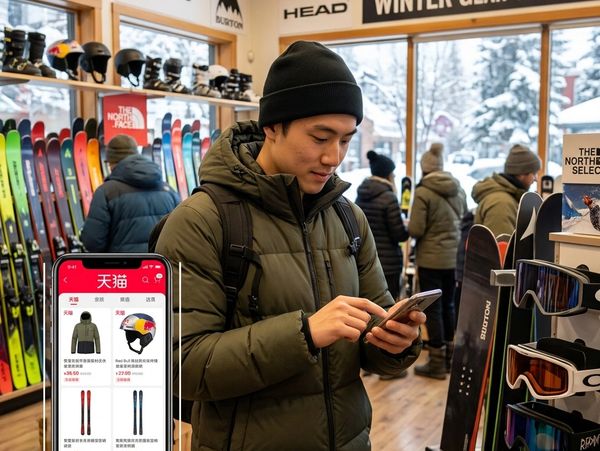 Man shopping for winter sports gear using a smartphone app in a ski shop.
