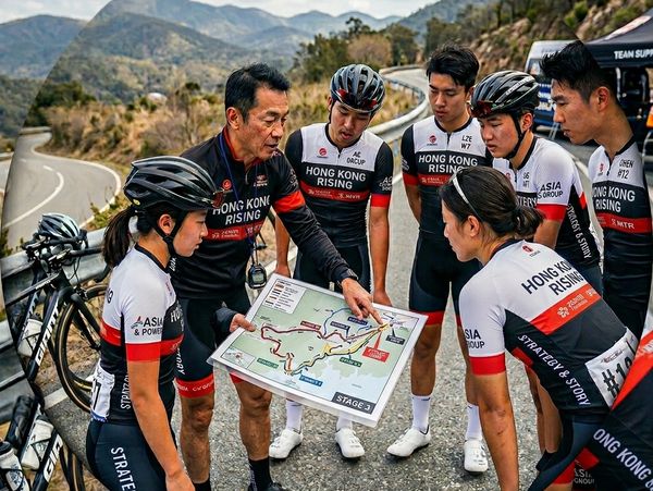 Cycling team reviews route map on mountain road during training.