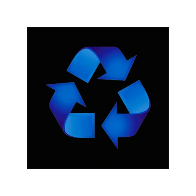 Blue recycling symbol with three arrows on black background.
