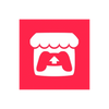 White game controller icon inside a storefront on a pink background.