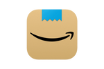 Amazon app icon with a smiley arrow on a cardboard box background.