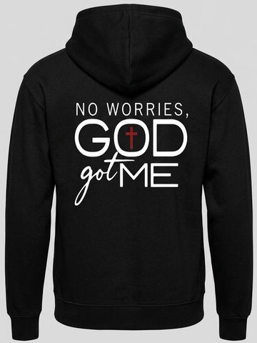 Black hoodie with 'No worries, God got me' text and a red cross design.