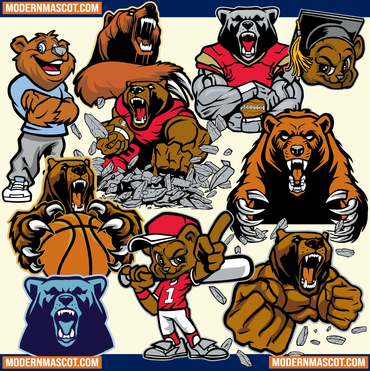 Collection of fierce and sporty bear mascots in various dynamic poses.
