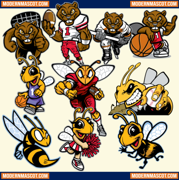 Collection of cartoon bee and cougar sports mascots in various athletic poses.