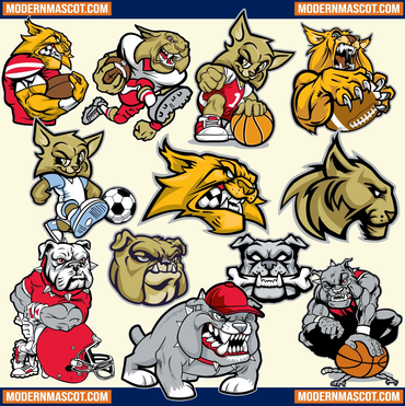 Collection of fierce wildcat and bulldog sports mascots in action poses.
