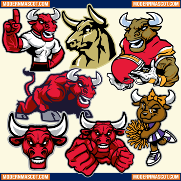 Collection of fierce and spirited bull mascots in various poses and styles.