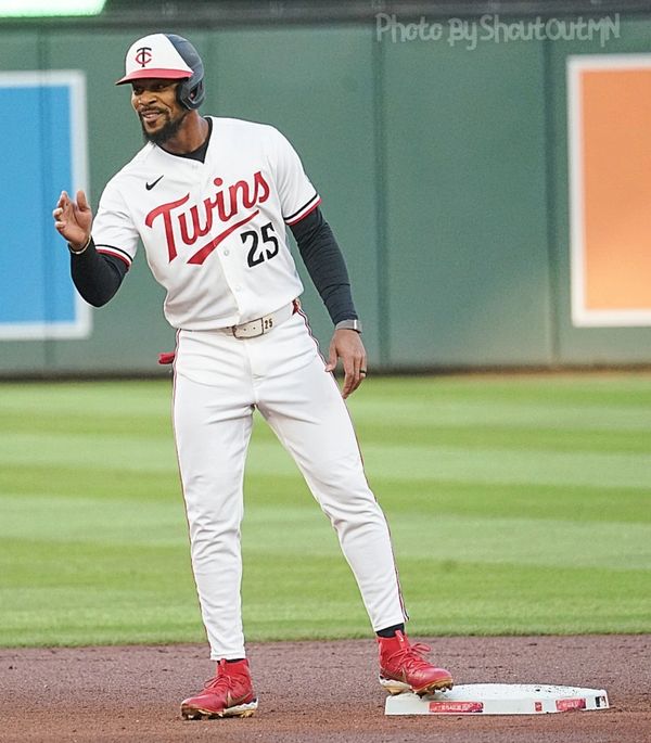 Minnesota Twins player on base during a baseball game.