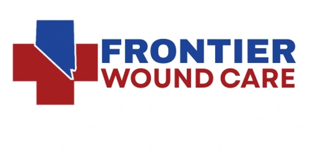 Logo for Frontier Wound Care with a red cross and blue state outline.