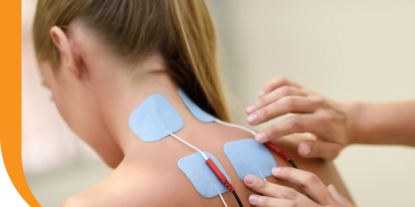 Example of pads being applied to the cervical area for Electric Muscle Stimulation