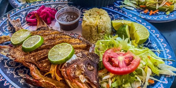 Plates of food on  Isla Mujeres, Mexico at Palapa "Leidy"
