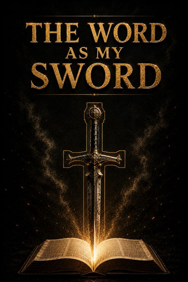 A glowing sword emerges from an open book with the phrase 'The Word as My Sword'.