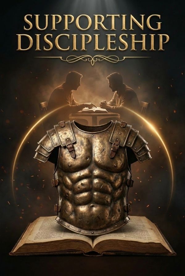 A golden armored chest plate over an open book with two men discussing in the background.