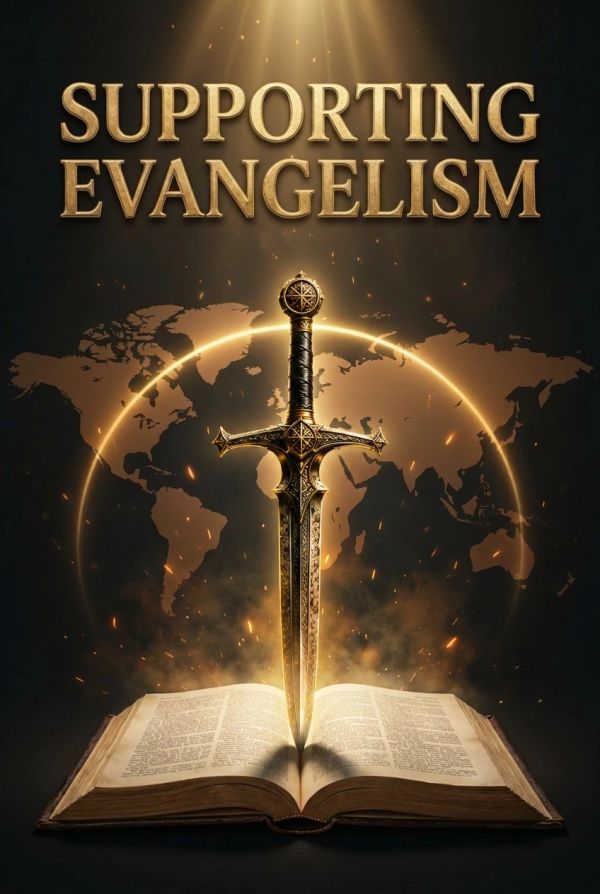 A sword stands upright in an open Bible with "Supporting Evangelism" above and a world map background.