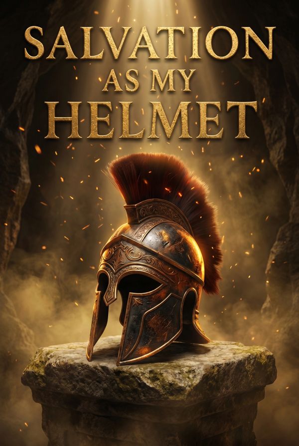 A glowing ancient helmet with the words 'Salvation as my helmet' above it.