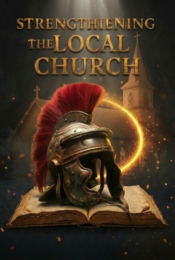 A Roman helmet on an open book with a church and glowing ring, titled 'Strengthening the Local Church.'