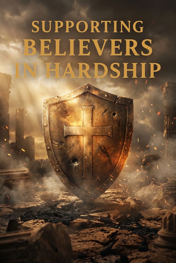 Supporting Believers in Hardship: a dented shield with a cross on scorched, cracked ground