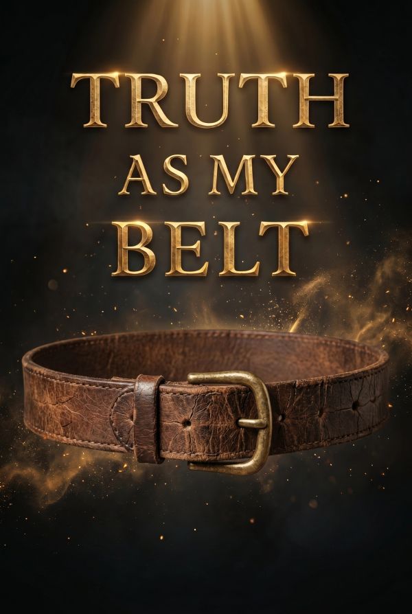 A rustic brown belt with golden text saying 'TRUTH AS MY BELT' above it.