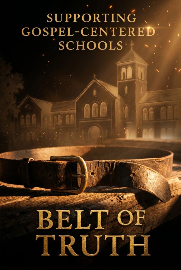 A worn leather belt on a wooden surface with a church backdrop and text about supporting gospel-centered schools.