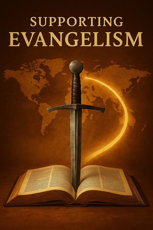 Sword in Bible, glowing path extends across a world map, symbolizing global evangelism
