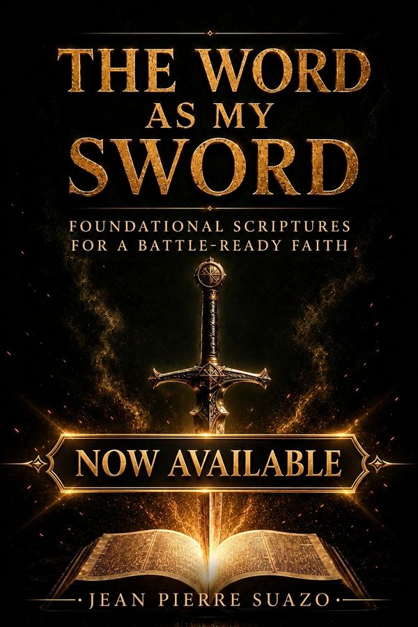 A glowing sword emerges from an open book with the phrase The Word as My Sword