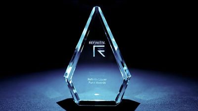 Crystal award trophy with Refinitiv logo and text on a dark background.