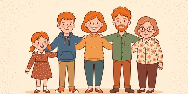 Smiling cartoon family of five standing together.