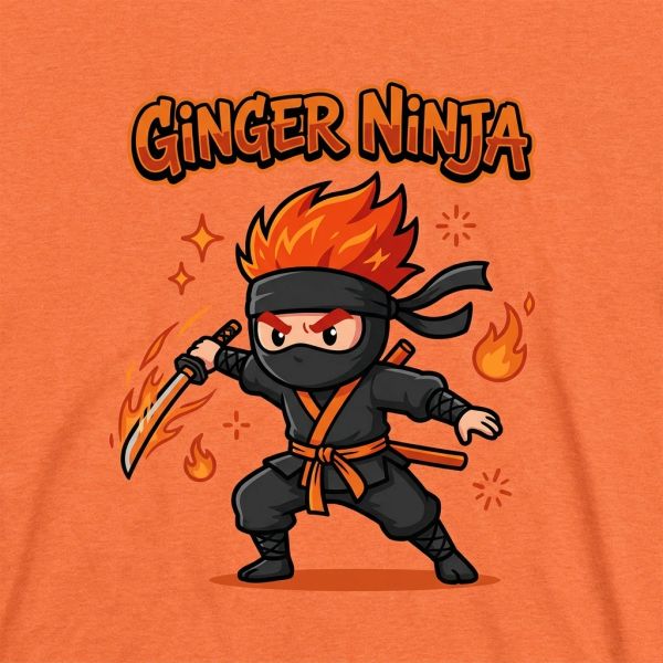 Cartoon ginger ninja with fiery hair and sword.