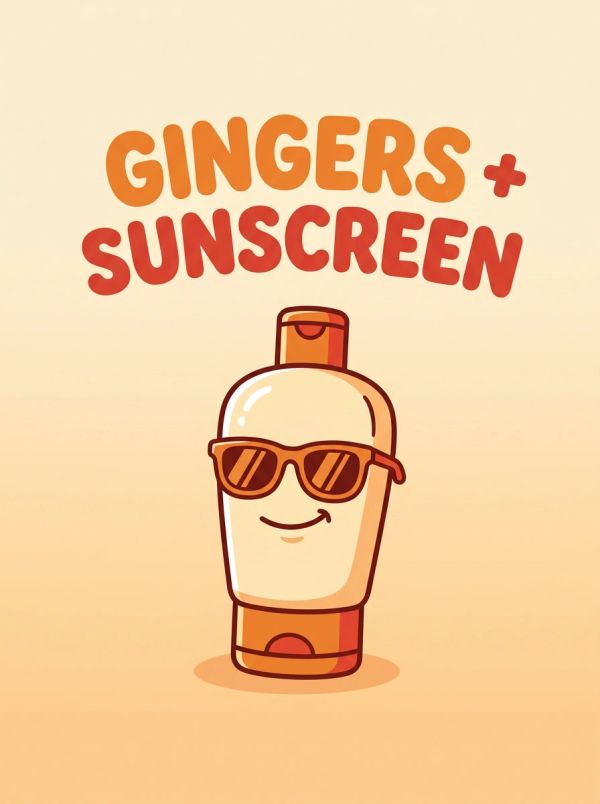Cartoon sunscreen bottle with sunglasses and text.