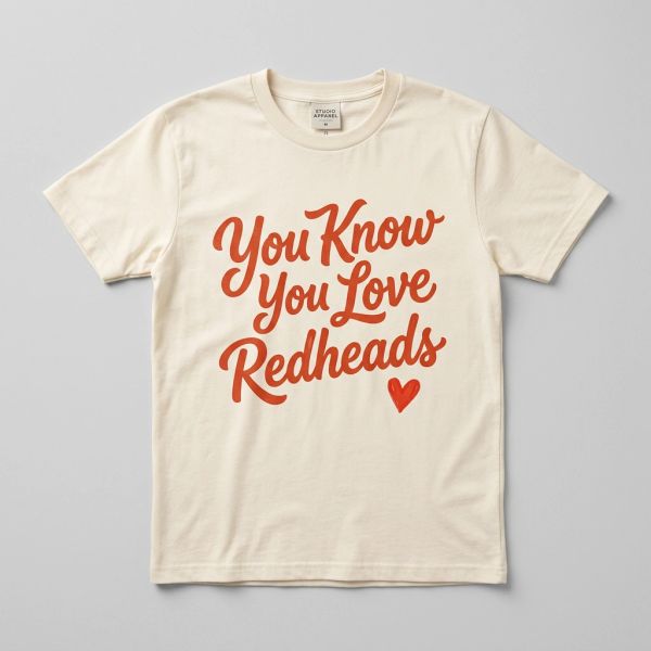 Beige t-shirt with red text and heart graphic.