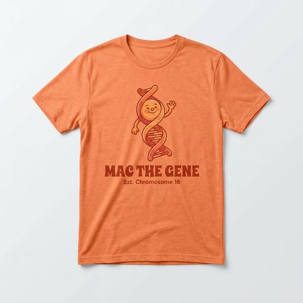 Orange T-shirt with a friendly DNA cartoon and text.