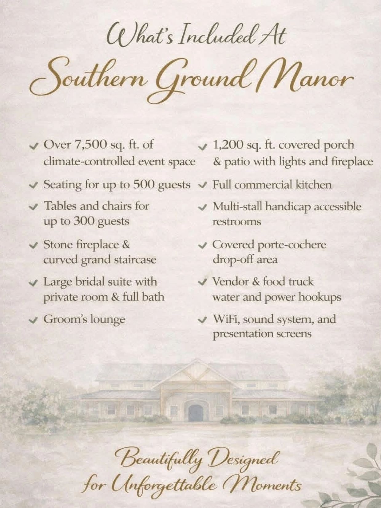 List of amenities at Southern Ground Manor for events and weddings.