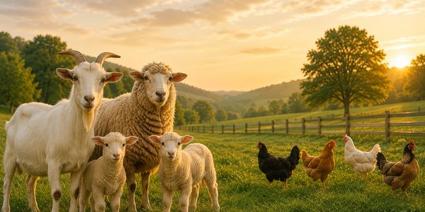 Goat, sheep, and chickens in a sunlit pasture at sunset.