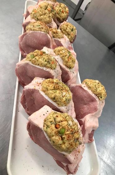 Stuffed Pork Chops are local meats from a butcher shop