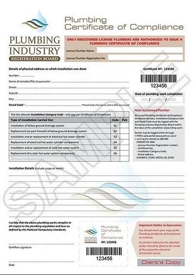 Plumbing Industry Registration Board COC example Western Cape Plumbers