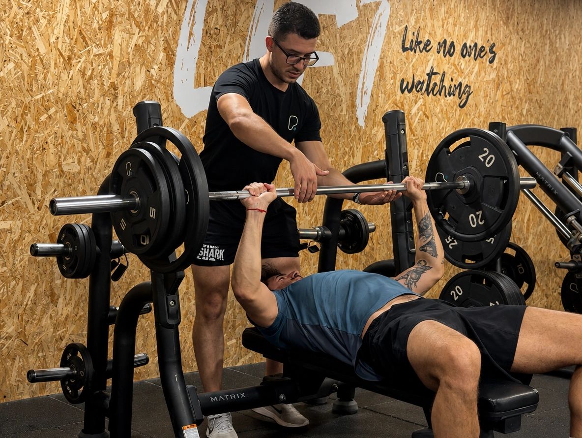 daniel galanis personal trainer spotting client at the gym in bayswater W2 area