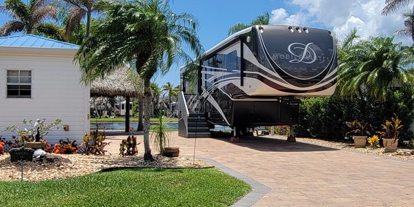 Parked black and white RV in a tropical setting.