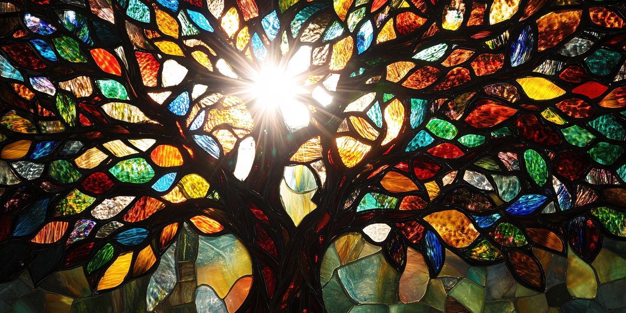 Stained Glass Tree with roots and sun bursting through