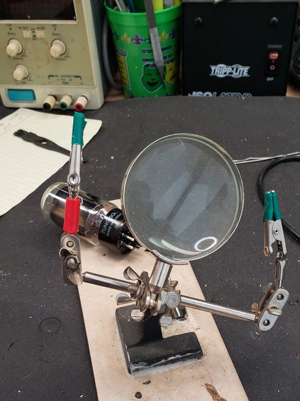 6L6 Power Tube on the bench with helping hands