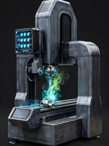 A futuristic metal 3D printer creating a glowing object with blue and green light effects.