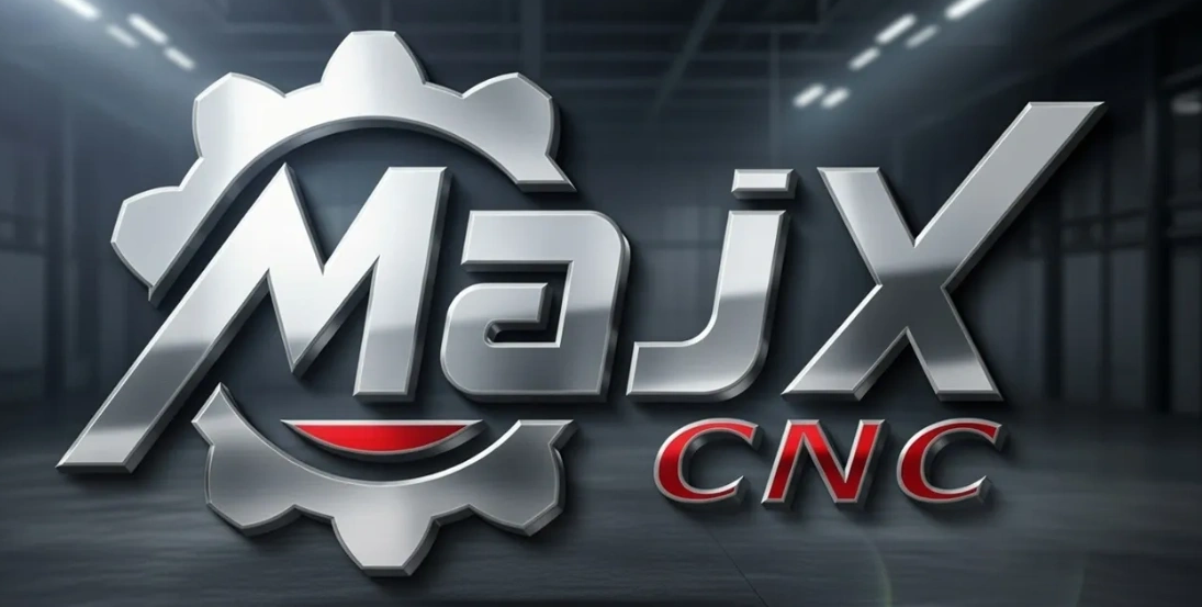 Sleek metallic logo of MajX CNC with gear design.
