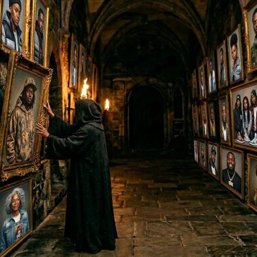 A cloaked figure arranges portraits in a dim, ancient hallway.