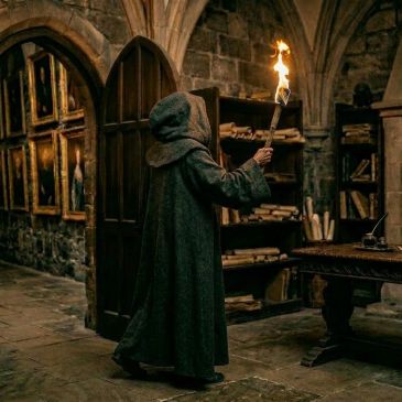 A hooded figure holding a torch in a medieval stone room.
