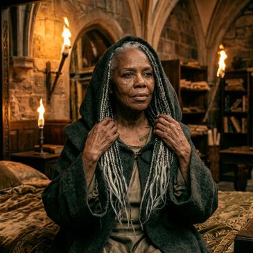 Elderly woman in medieval attire sitting in a dimly lit stone room.