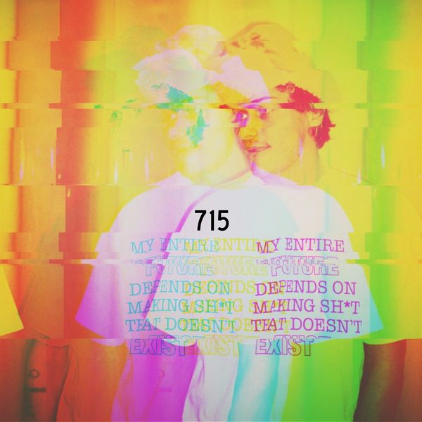 Psychedelic double exposure of a person with colorful text on their shirt.